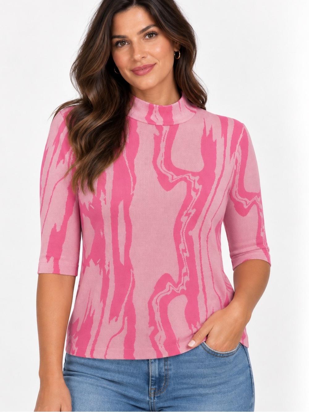 River Island Pink Marble-Print Short Sleeve Knit Top